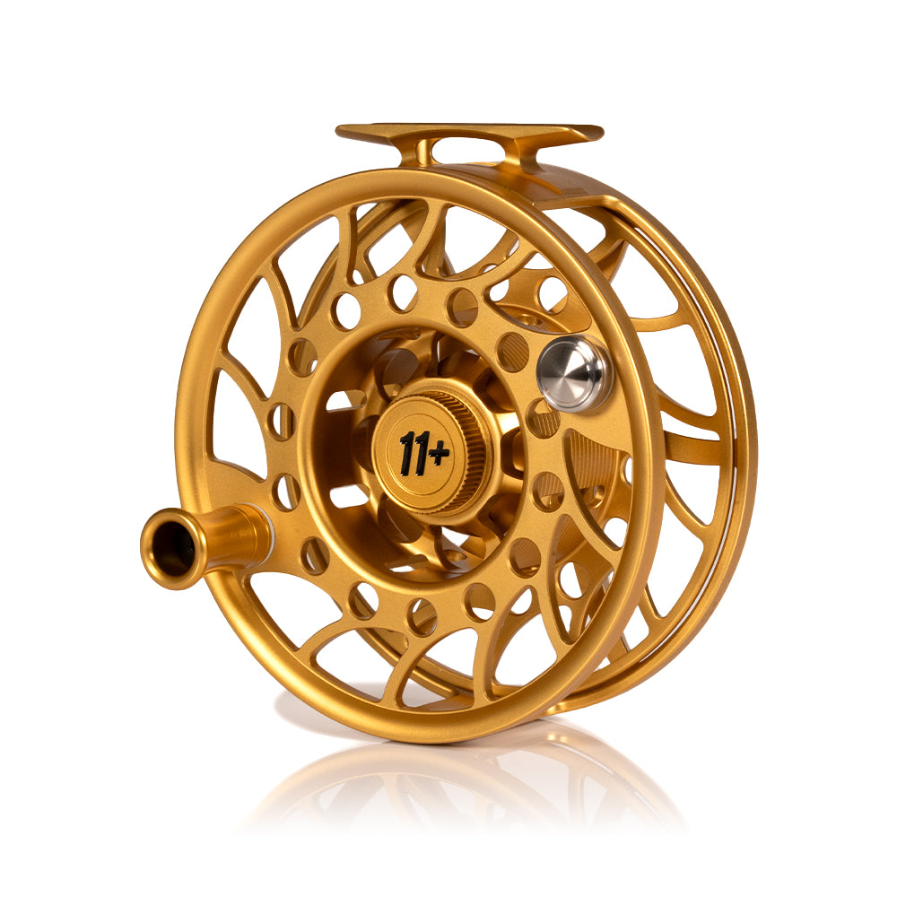 bronze color fly reel Hatch Custom Fool's Gold Iconic Mid Arbor Fly Reel 11 Plus